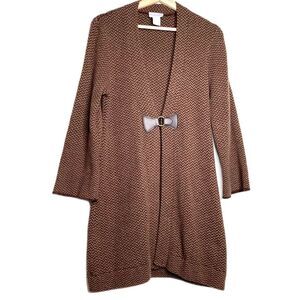 Soft Surroundings Womens Duster Sweater Brown Herringbone Wool Blend V Neck S
